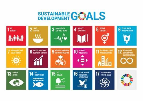 Sustainable Development Goals: image showing boxes numbered 1-17. 1: No poverty, 2: Zero hunger, 3: Good health and wellbeing, 4: Quality education, 5: Gender equality, 6: Clean water and sanitation, 7: Affordable and clean energy, 8: Decent work and economic growth, 9: Industry, innovation and infrastructure, 10: Reduced inequalities, 11: Sustainable cities and communities, 12: Responsible consumption and production, 13: Climate action, 14: Life below water, 15: Life on land, 16: Peace, justice and strong institutions, 17: Partnerships for the goals